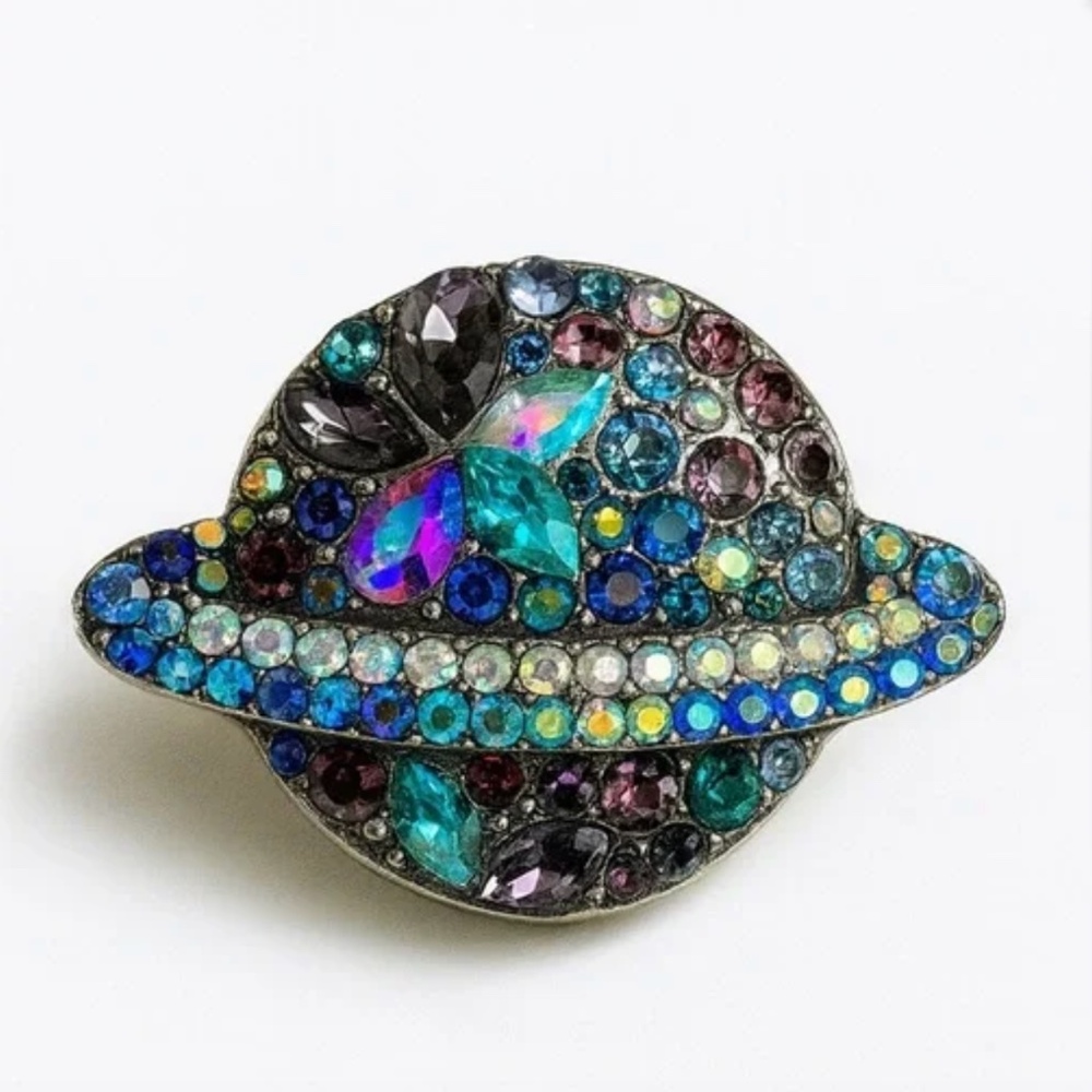 Galaxy Cosmic Vibe 💫 Multicolor Crystal Rhinestone Saturn Planet Brooch